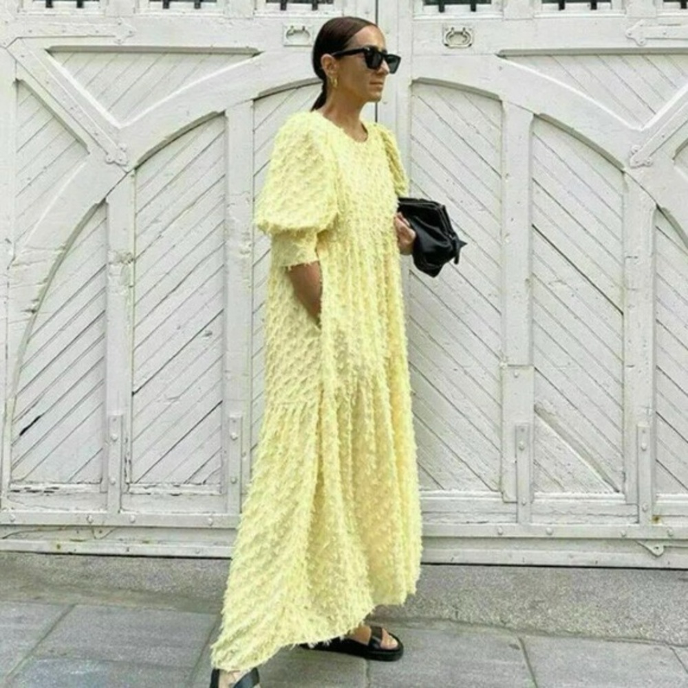 ZARA Yellow Voluminous 3D Textured Weave Midi Maxi Occasion Dress Size XS